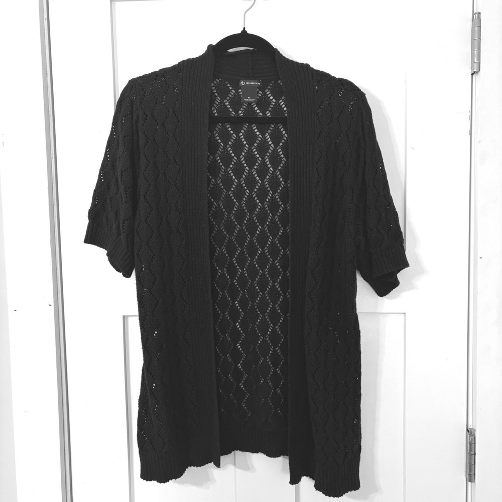 New Directions Black Pointelle Knit Cardigan XL Cotton Open Front Lightweight